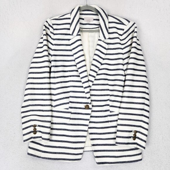 Ann Taylor LOFT Jacket Womens 14 White Navy Blue Striped Nautical Blazer Career - Picture 1 of 11